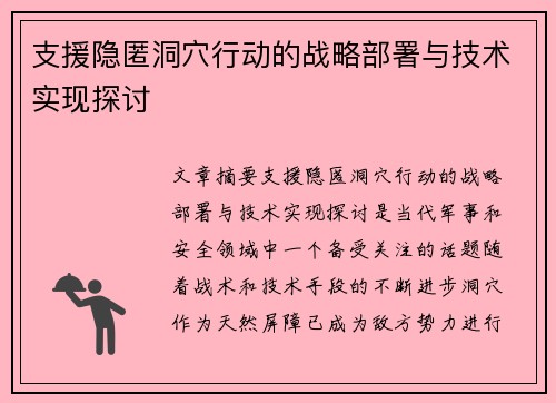 支援隐匿洞穴行动的战略部署与技术实现探讨